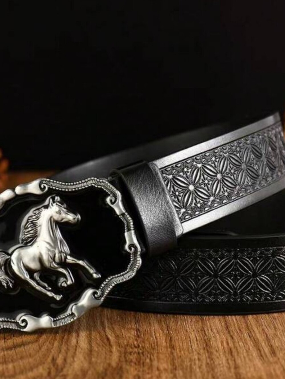 Western Cowboy Black Leather Belt with Decorative Horse Buckle - Picture 9 of 10
